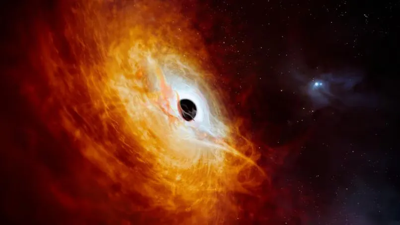 Illustrazione artistica di una stella supermassiccia rossa brillante con un nucleo oscuro al centro, circondata dal gas primordiale dell'universo.