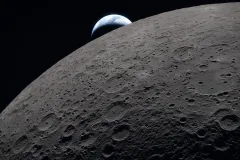 Dettaglio della superficie craterizzata della faccia nascosta della Luna illuminata dal Sole